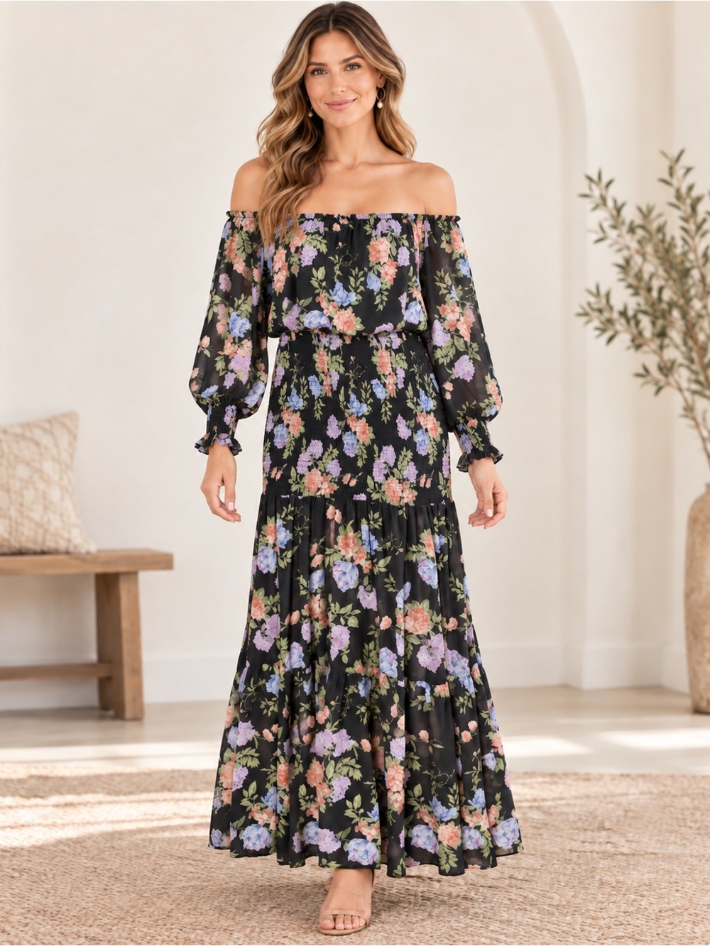 VICI Black Floral Smocked Long Sleeve Tiered Maxi Dress Medium